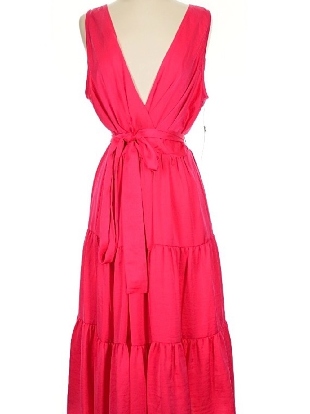 Tommy Hilfiger Sleeveless V-Neck Tiered Satin Midi Dress Fuchsia Size XS